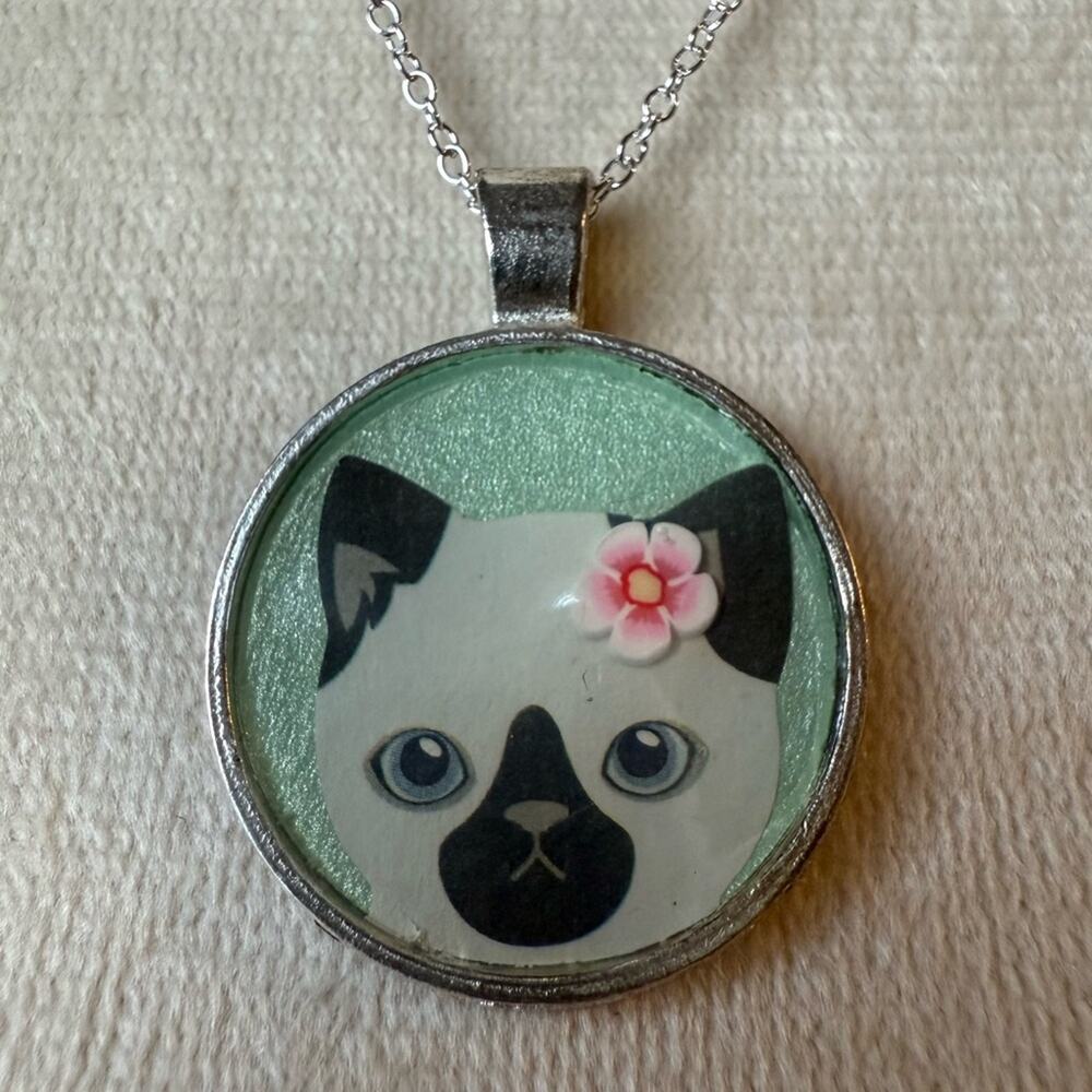 Handmade Siamese Cat Pendant‎ w/ 925 Silver Chain